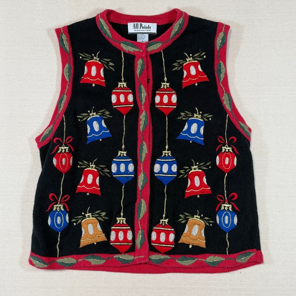 Vintage All Points Christmas Sweater Vest Womens Large Black Embroidered Holiday